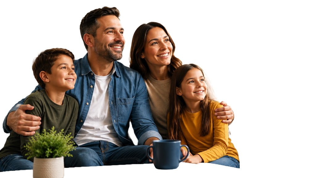 A family of four smiling together, representing peace of mind and financial protection
